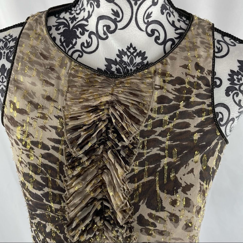 Tibi Metallic Ruffle Animal Print Silk Shell Tank - Picture 2 of 7